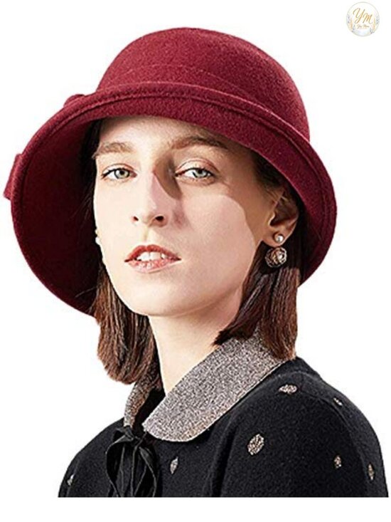 100% Wool Bucket Hat with Bow Accent Adjustable Winter Cloche